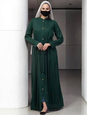 Green front open abaya in rayon  with pockets 3