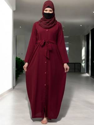 Maroon front open abaya with matching  belt 4