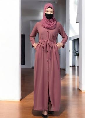 Pink front open abaya with matching  belt 1
