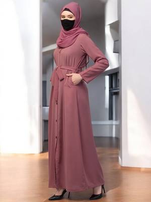 Pink front open abaya with matching  belt 4