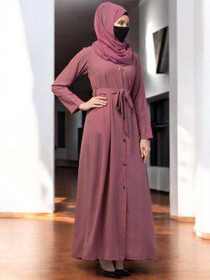 Pink front open abaya with matching  belt 5