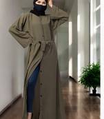 Dark pista front open abaya with kimono sleeves & belt