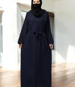 Navy-blue front open abaya with kimono sleeves & belt