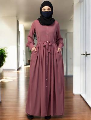 Pink front open- designer abaya with pleats 1