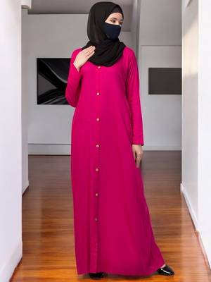 Magenta elegant front open abaya dress with wooden button 3