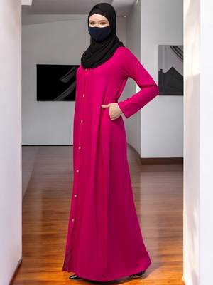 Magenta elegant front open abaya dress with wooden button 4