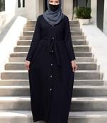 Navy-blue elegant front open abaya dress with wooden button