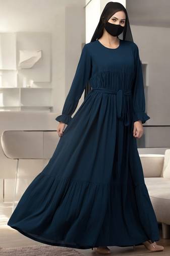 Teal multi layered abaya dress with belt & elasticated bell sleeves