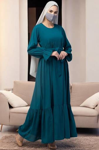 Teal multi layered abaya dress with belt & elasticated bell sleeves