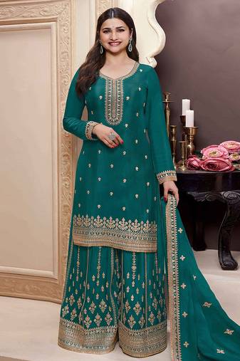 Aqua green embroidered chinon semi stitched palazzo suit