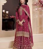 Maroon embroidered chinon semi stitched palazzo suit