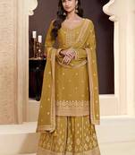 Yellow embroidered chinon semi stitched palazzo suit