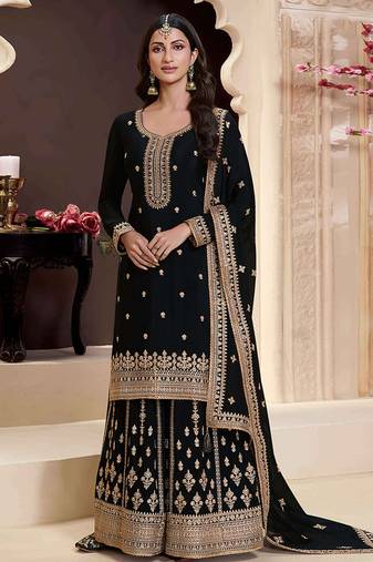 Black embroidered chinon semi stitched palazzo suit