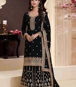 Black embroidered chinon semi stitched palazzo suit