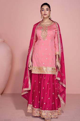Pink embroidered chinon free size stitched palazzo suit