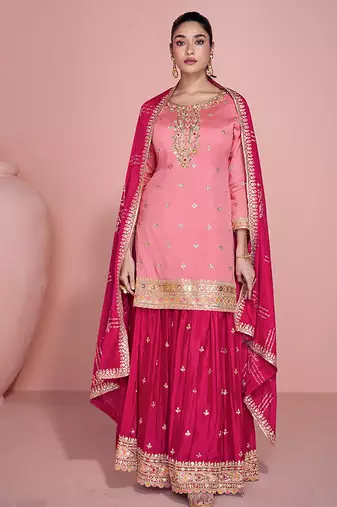 Pink embroidered chinon free size stitched palazzo suit