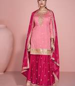 Pink embroidered chinon free size stitched palazzo suit