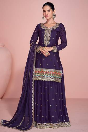 Purple embroidered chinon free size stitched palazzo suit