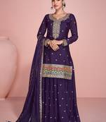 Purple embroidered chinon free size stitched palazzo suit