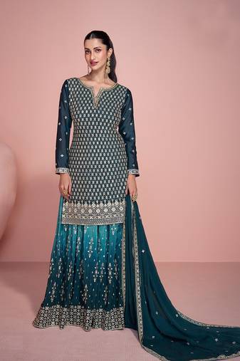 Morpich embroidered chinon free size stitched palazzo suit