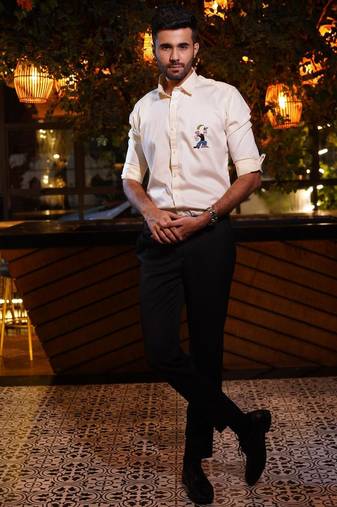 Lemon yellow embroidered luxury satin designer shirt for men