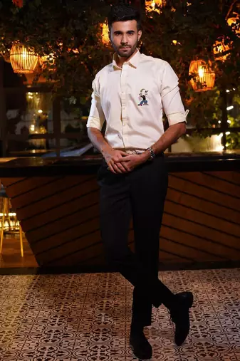 Lemon yellow embroidered luxury satin designer shirt for men