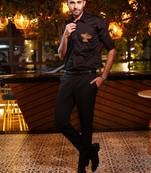 Black metal embellishment on velvet patch luxury satin designer shirt for men