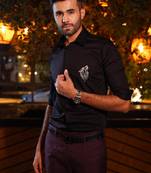 Black embroidered luxury satin designer shirt for men