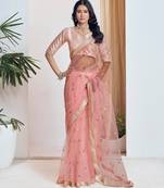 Peach embroidered net saree with unstiched blouse