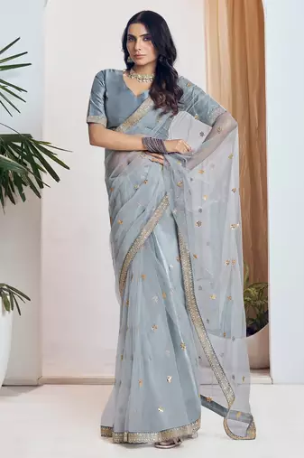 Grey embroidered net saree with unstiched blouse
