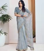 Grey embroidered net saree with unstiched blouse