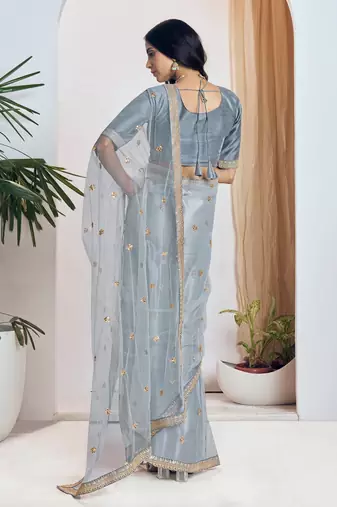 Grey embroidered net saree with unstiched blouse