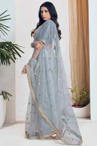 Grey embroidered net saree with unstiched blouse
