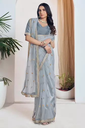 Grey embroidered net saree with unstiched blouse