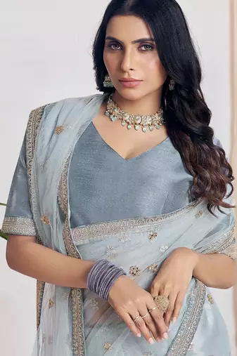 Grey embroidered net saree with unstiched blouse