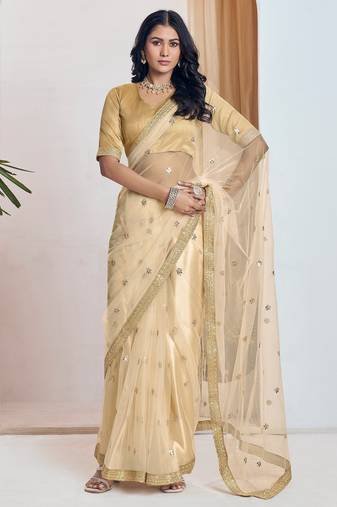 Cream embroidered net saree with unstiched blouse