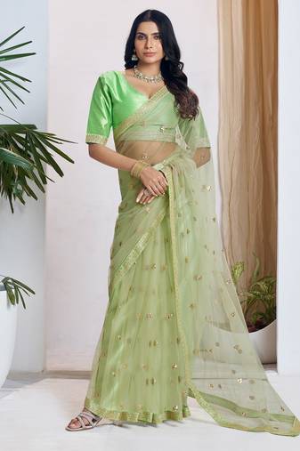 Light green embroidered net saree with unstiched blouse