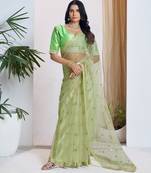 Light green embroidered net saree with unstiched blouse
