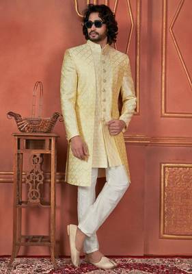 men yellow computer thread work on art silk 3 piece attached jacket set for men 3