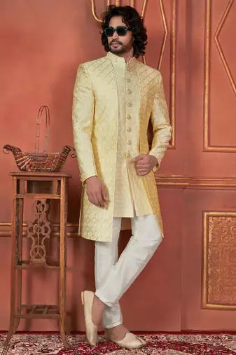 men yellow computer thread work on art silk 3 piece attached jacket set for men