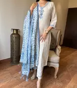Off White Embroidered Cotton Flex Suit Set with Cotton Silk Dupatta