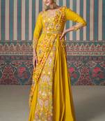 Mustard print embroidery and sequins work art silk gown - full stitched