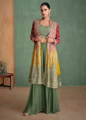 Dusty green embroidery and sequis mirror georgette blouse palazzo with jacket - full stitched 1