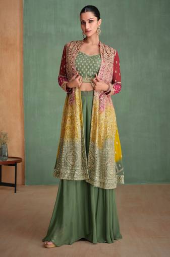 Dusty green embroidery and sequis, mirror georgette blouse palazzo with jacket - full stitched