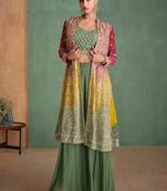 Dusty green embroidery and sequis mirror georgette blouse palazzo with jacket - full stitched