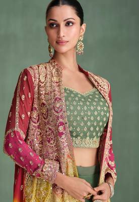 Dusty green embroidery and sequis mirror georgette blouse palazzo with jacket - full stitched 2