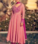 Pink embroidery and sequis mirror chinon silk anarkali palazzo - full stitched