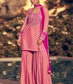 Pink embroidery and sequis mirror chinon silk straight sharara - full stitched