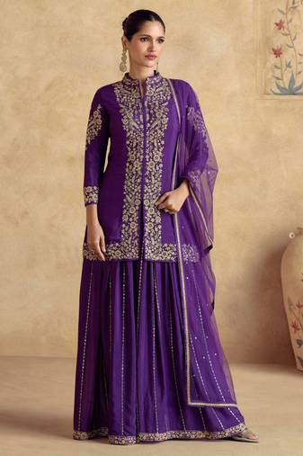 Purple embroidery and sequis, chinon silk straight palazzo - full stitched