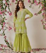 Embroidered liril green modal lucknowi chikankari garara set